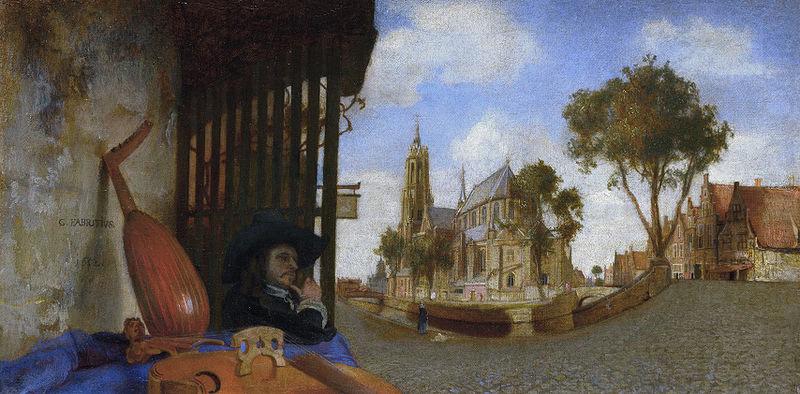 A View of Delft, with a Musical Instrument Seller's Stall, Carel fabritius